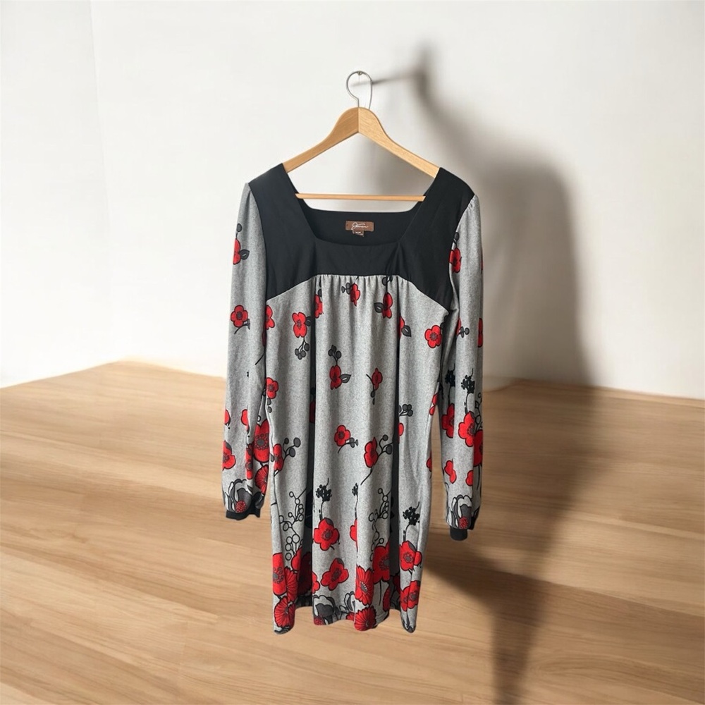 Vintage Jessica Floral Red Poppy Long Sleeve Gray & Black Swing Dress Medium